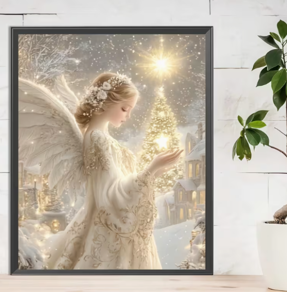 Diamond Painting Engel im Schnee mit goldenen
